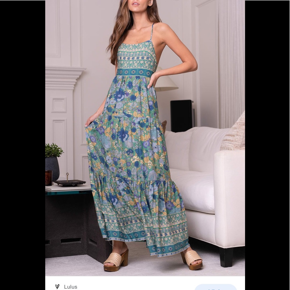 Lulus True Delights Green Multi Floral Print Tiered Maxi Dress S